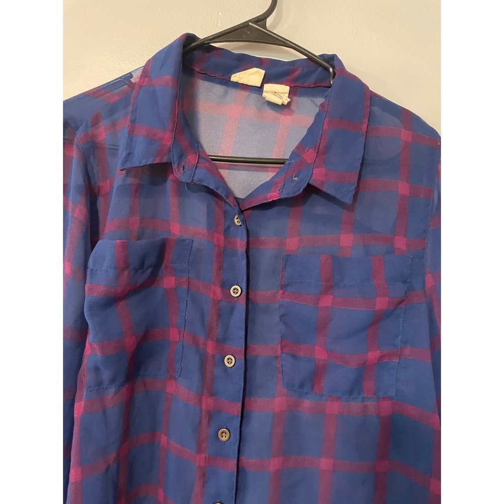 Vintage Mudd Plaid Sheer Button Down Shirt Blue Purple Large - Picture 3 of 5